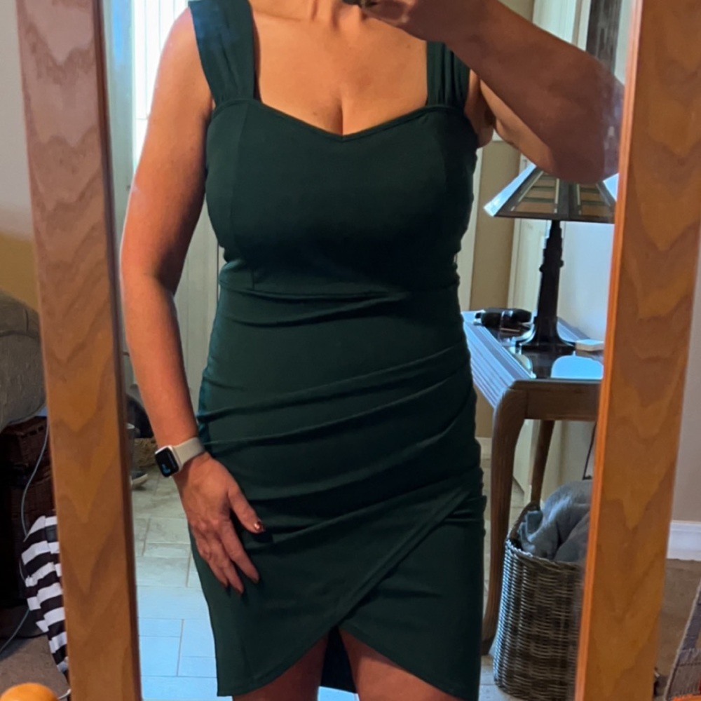 Dark Green flattering, ruched, tulip hem, wrap, cocktail dress by Umenlele.